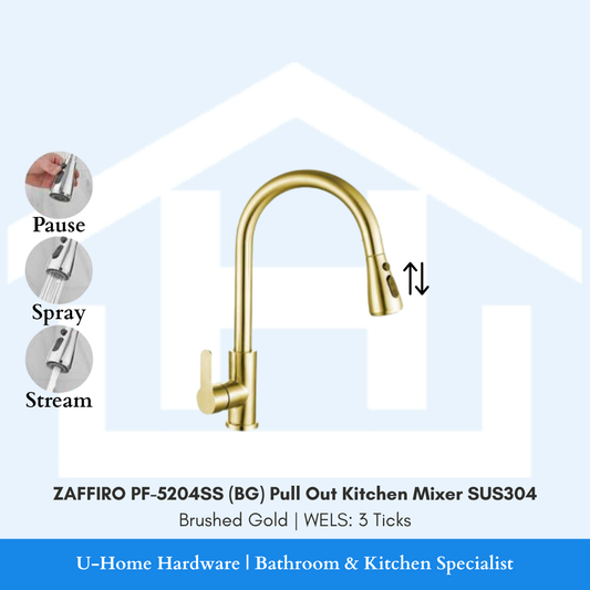 Front profile of the ZAFFIRO PF-5204SS (BG) Brushed Gold pull-out mixer, showing the retractable spray head and sophisticated metallic designer finish