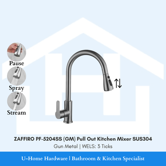 Front profile of the ZAFFIRO PF-5204SS (GM) Gun Metal pull-out kitchen mixer, showing the retractable spray head and sleek industrial-luxe design.