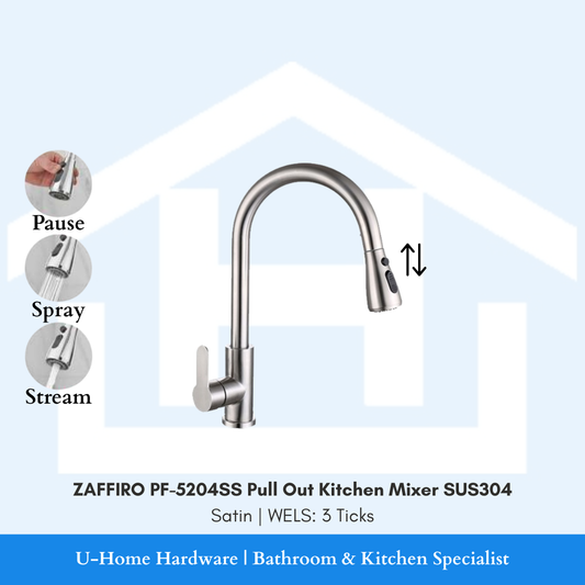 Front profile of the ZAFFIRO PF-5204SS Satin Stainless Steel pull-out mixer, featuring a retractable dual-function spray head and a sleek brushed finish