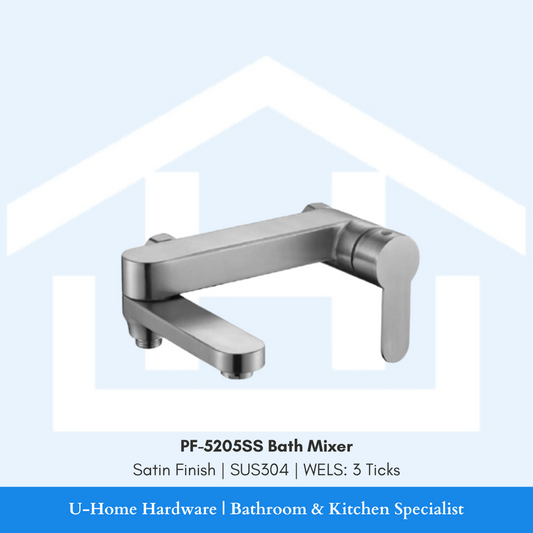 A stainless steel satin finish bath mixer with a modern design, featuring a tub spout and handle.