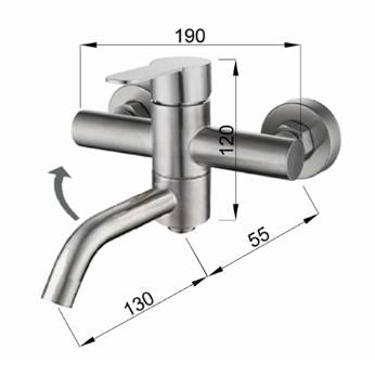 Stainless steel faucet with dimensions indicated by arrows and measurements.