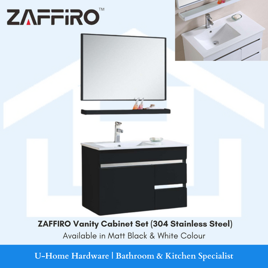 ZAFFIRO 80cm white stainless steel vanity basin cabinet set (PHT-8186W-80), featuring a wall-mounted moisture-resistant cabinet, integrated ceramic basin, and a matching rectangular mirror.
