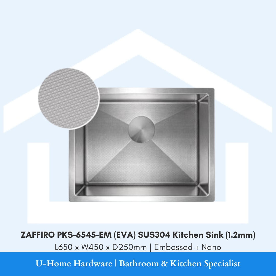 ZAFFIRO PKS-6545-EM (EVA) SUS304 Kitchen Sink with Nano Embossed honeycomb surface for scratch and stain resistance. Overhead view of the ZAFFIRO PKS-6545-EM Nano sink, showing the deep L650 x W450 x D250mm dimensions and silver metallic finish.