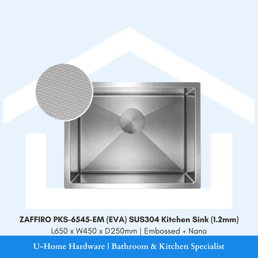 ZAFFIRO PKS-6545-EM (EVA) SUS304 Kitchen Sink with Nano Embossed honeycomb surface for scratch and stain resistance. Overhead view of the ZAFFIRO PKS-6545-EM Nano sink, showing the deep L650 x W450 x D250mm dimensions and silver metallic finish.
