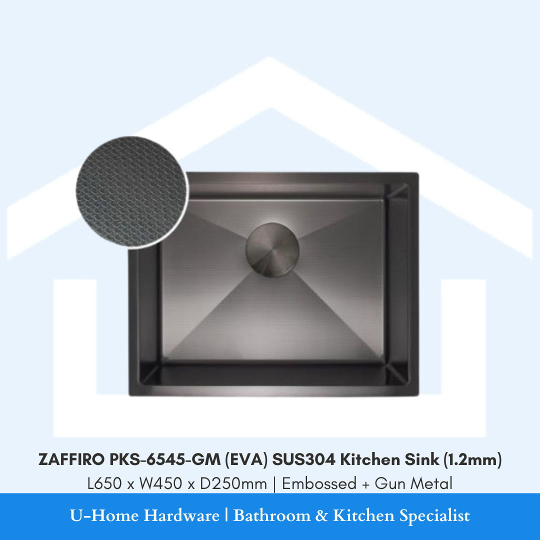 Top view of ZAFFIRO PKS-6545-GM kitchen sink showing the L650 x W450 x D250mm dimensions and dark metallic Gun Metal finish.