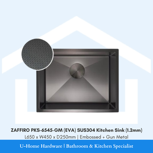 Top view of ZAFFIRO PKS-6545-GM kitchen sink showing the L650 x W450 x D250mm dimensions and dark metallic Gun Metal finish.