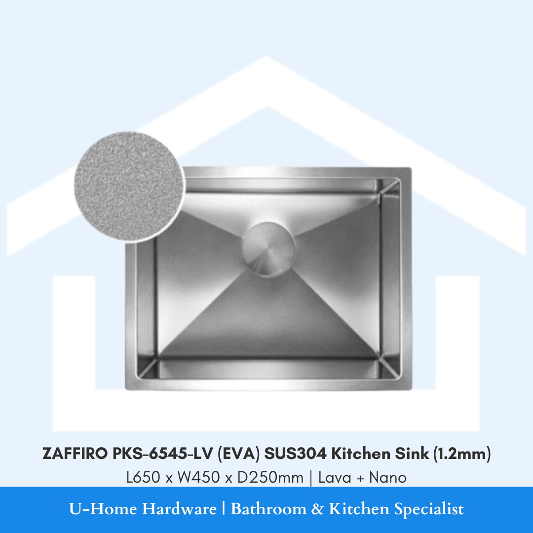 Top view of ZAFFIRO PKS-6545-LV kitchen sink, L650 x W450 x D250mm, featuring the deep single bowl and matte Lava grey metallic finish.