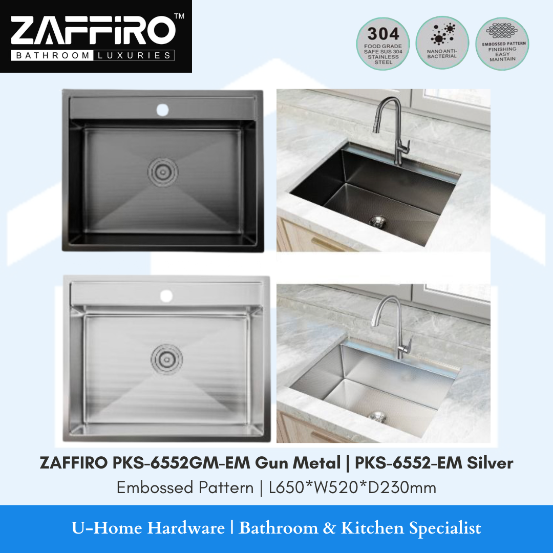 Two embossed pattern kitchen sinks by ZAFFIRO, one in gun metal finish and the other in silver, displayed in a bathroom setting with a faucus above each sink.