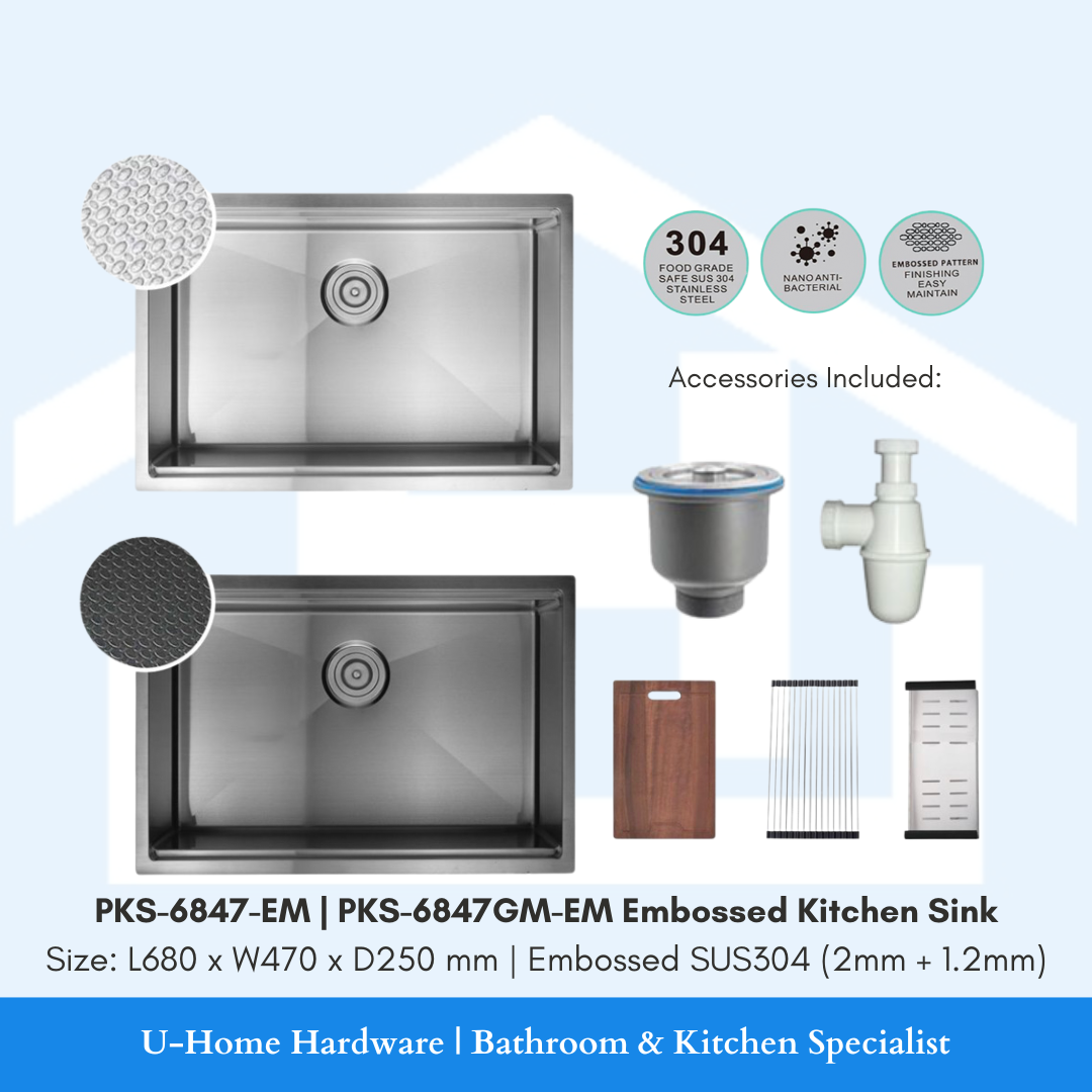 Stainless steel kitchen sink with accessories on a light blue background