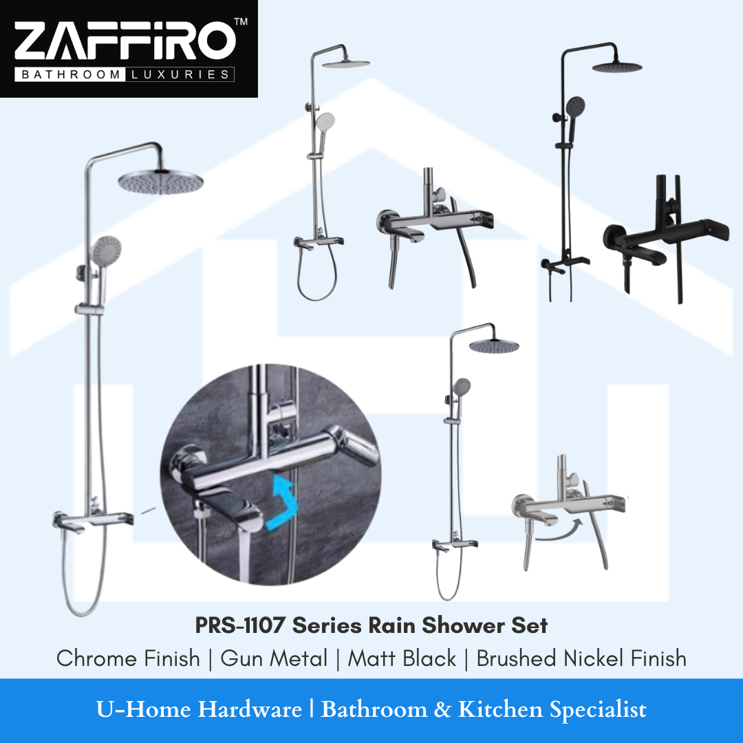 ZAFFIRO PRS-1107.11 Chrome Rain Shower Set featuring a solid brass riser rail, a wide-coverage overhead rain shower, and a matching hand shower with a high-shine polished chrome finish.