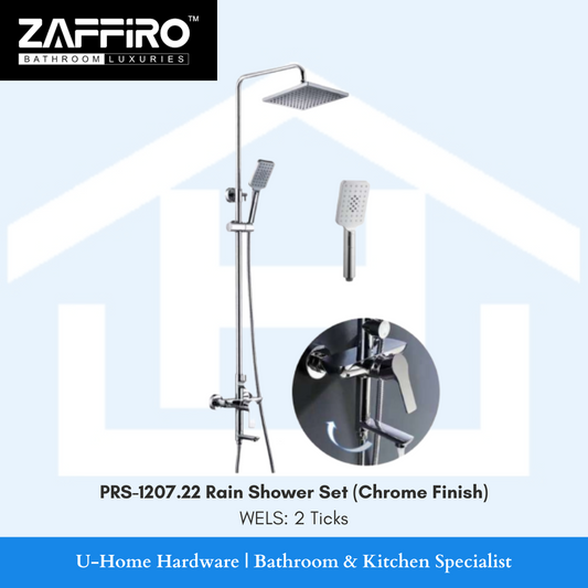 A ZAFFIRO rain shower set with chrome finish, including a square shower head and a hand-held shower head