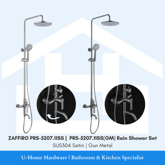 A ZAFFIRO PRS-5207.11SS rain shower set with a gun metal finish, featuring a overhead shower and a handheld showerhead.