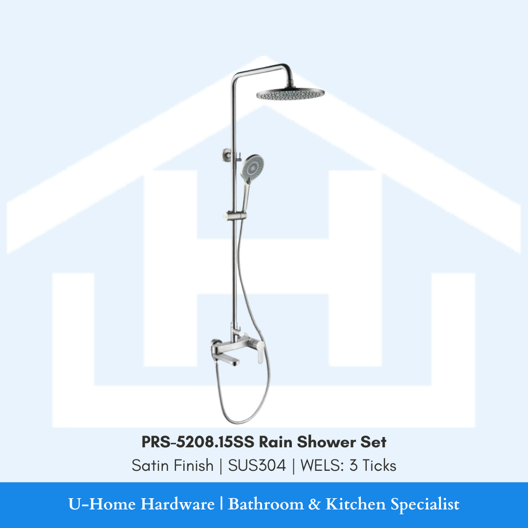 Rain shower set with a satin finish, including a handheld showerhead and a fixed showerhead, made of stainless steel.