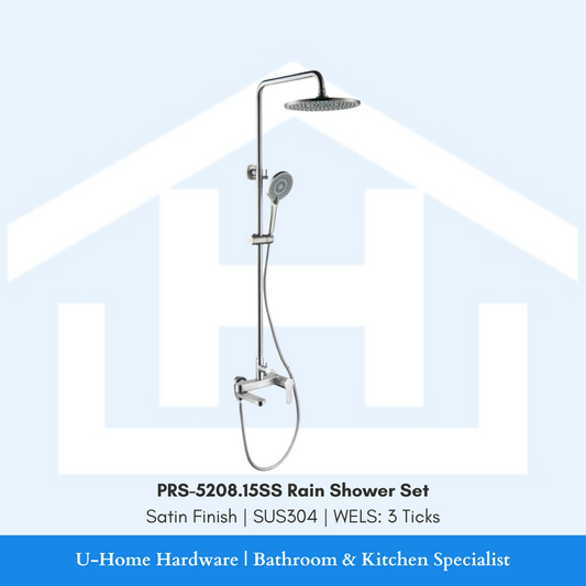 Rain shower set with a satin finish, including a handheld showerhead and a fixed showerhead, made of stainless steel.