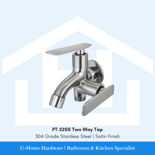 A silver two way tap made of 304 grade stainless steel with a satin finish, designed for instant heaters.