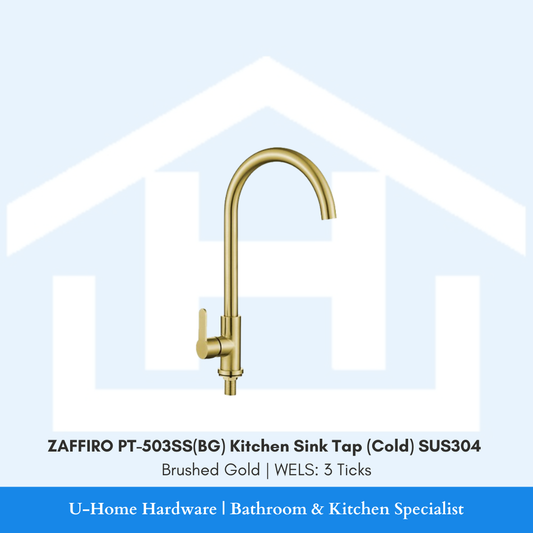 Front view of the ZAFFIRO PT-503SS(BG) Cold Kitchen Sink Tap in a luxury Brushed Gold finish, featuring a high-arc spout and 304-grade steel body.