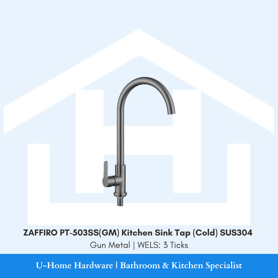 Front view of the ZAFFIRO PT-503SS(GM) Cold Kitchen Sink Tap in a dark Gun Metal finish, featuring a high-arc spout and SUS304 steel body.