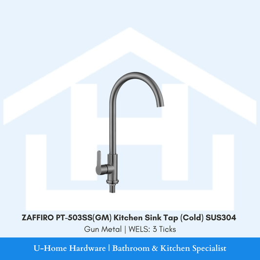 Front view of the ZAFFIRO PT-503SS(GM) Cold Kitchen Sink Tap in a dark Gun Metal finish, featuring a high-arc spout and SUS304 steel body.