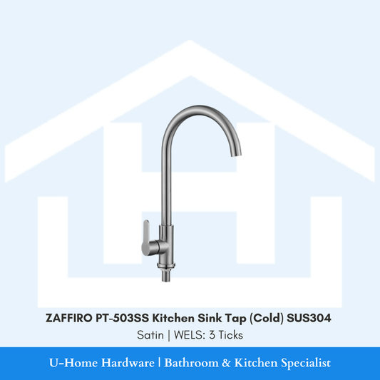 Front profile of the ZAFFIRO PT-503SS Cold Kitchen Sink Tap in Satin finish, showing the elegant high-arc spout and 304 stainless steel body