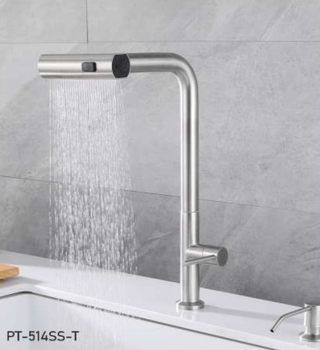 ZAFFIRO PT-514SS-T Matt Stainless Steel kitchen tap in waterfall spray mode, showing a wide, high-pressure water flow from the horizontal spout head.