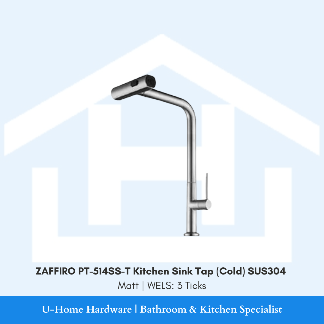 Front profile of the ZAFFIRO PT-514SS-T Cold Kitchen Sink Tap in Matt finish, showing the sleek high-spout design and SUS304 stainless steel body.