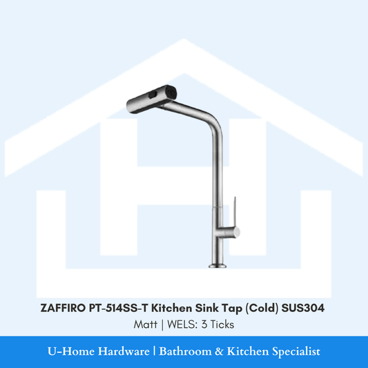 Front profile of the ZAFFIRO PT-514SS-T Cold Kitchen Sink Tap in Matt finish, showing the sleek high-spout design and SUS304 stainless steel body.