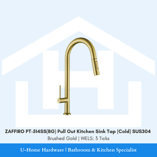 Front view of the ZAFFIRO PT-514SS(BG) Pull Out Cold Kitchen Tap in Brushed Gold, featuring a luxury matte gold finish and retractable spray head