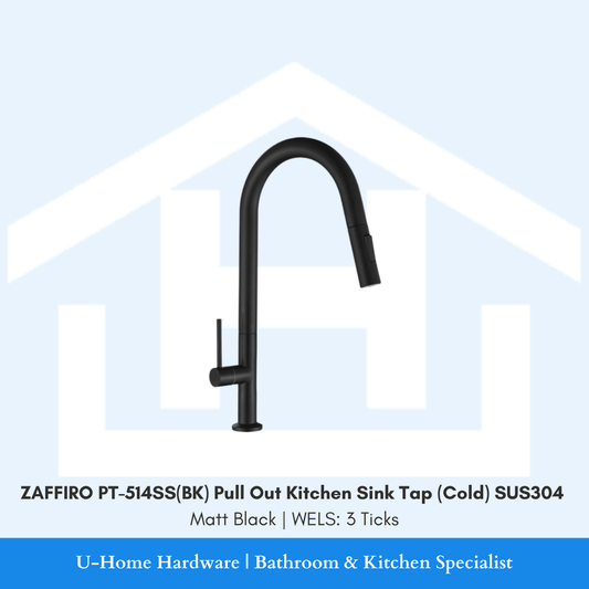 Front view of the ZAFFIRO PT-514SS(BK) Pull Out Cold Kitchen Tap in Matt Black, featuring a sleek L-shaped neck and a black retractable spray head