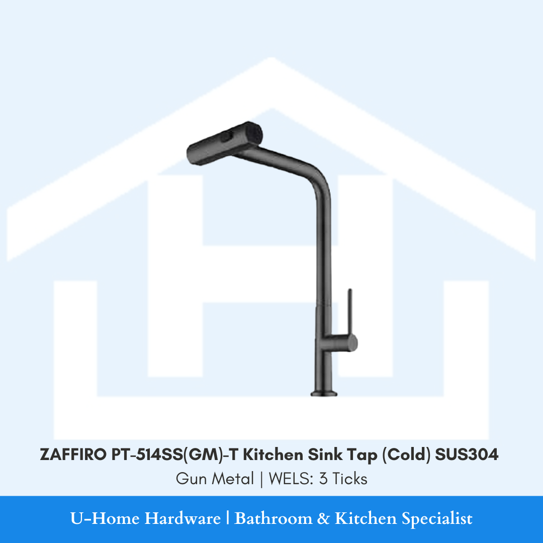 Front view of the ZAFFIRO PT-514SS(GM)-T Cold Kitchen Sink Tap in a dark Gun Metal finish, featuring a high-spout design and SUS304 steel body