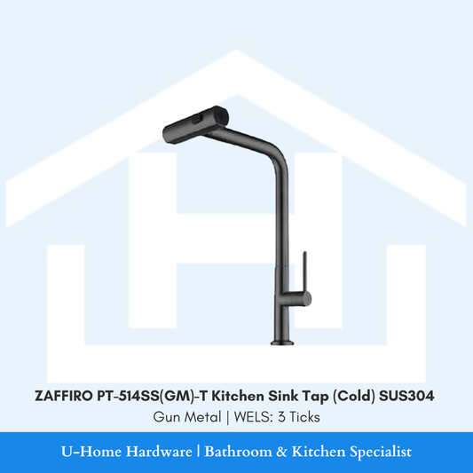 Front view of the ZAFFIRO PT-514SS(GM)-T Cold Kitchen Sink Tap in a dark Gun Metal finish, featuring a high-spout design and SUS304 steel body