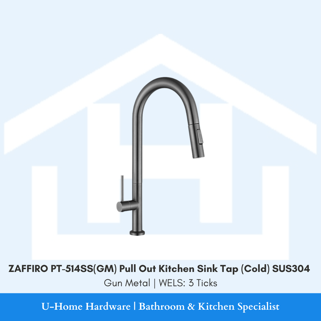 Front view of the ZAFFIRO PT-514SS(GM) Pull Out Cold Kitchen Tap in a dark Gun Metal finish, featuring a high-spout design and retractable spray head