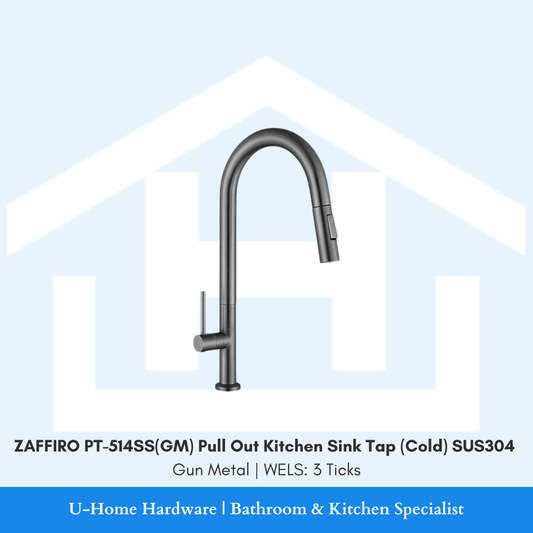 Front view of the ZAFFIRO PT-514SS(GM) Pull Out Cold Kitchen Tap in a dark Gun Metal finish, featuring a high-spout design and retractable spray head