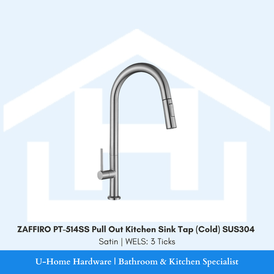 Front view of the ZAFFIRO PT-514SS Pull Out Cold Kitchen Tap in a Satin finish, showing the flexible hose tucked into the SUS304 stainless steel spout.