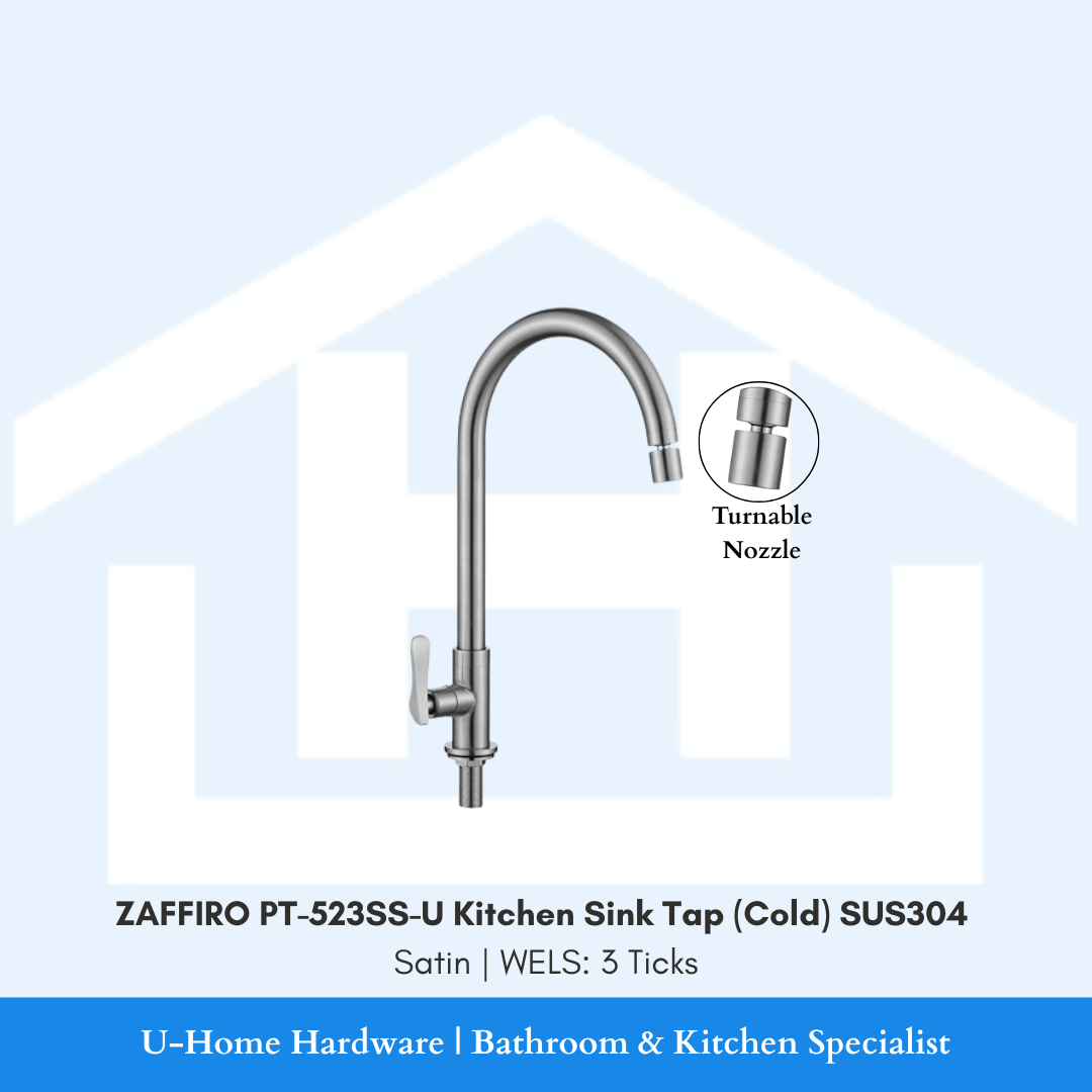 Close-up of the ZAFFIRO PT-523SS-U Satin tap showing the adjustable turnable nozzle at the tip of the U-spout, allowing for multi-directional water flow.