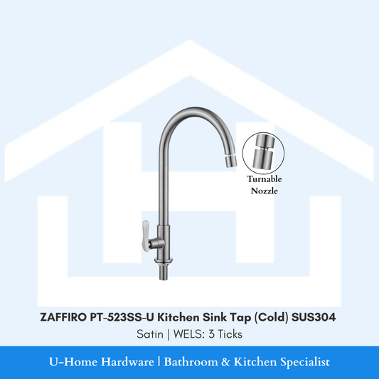 Close-up of the ZAFFIRO PT-523SS-U Satin tap showing the adjustable turnable nozzle at the tip of the U-spout, allowing for multi-directional water flow.