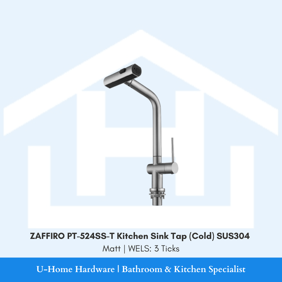 Front view of the ZAFFIRO PT-524SS-T Cold Kitchen Sink Tap in Matt finish, featuring a high-arc spout and durable SUS304 stainless steel body.