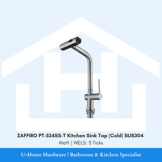 Front view of the ZAFFIRO PT-524SS-T Cold Kitchen Sink Tap in Matt finish, featuring a high-arc spout and durable SUS304 stainless steel body.
