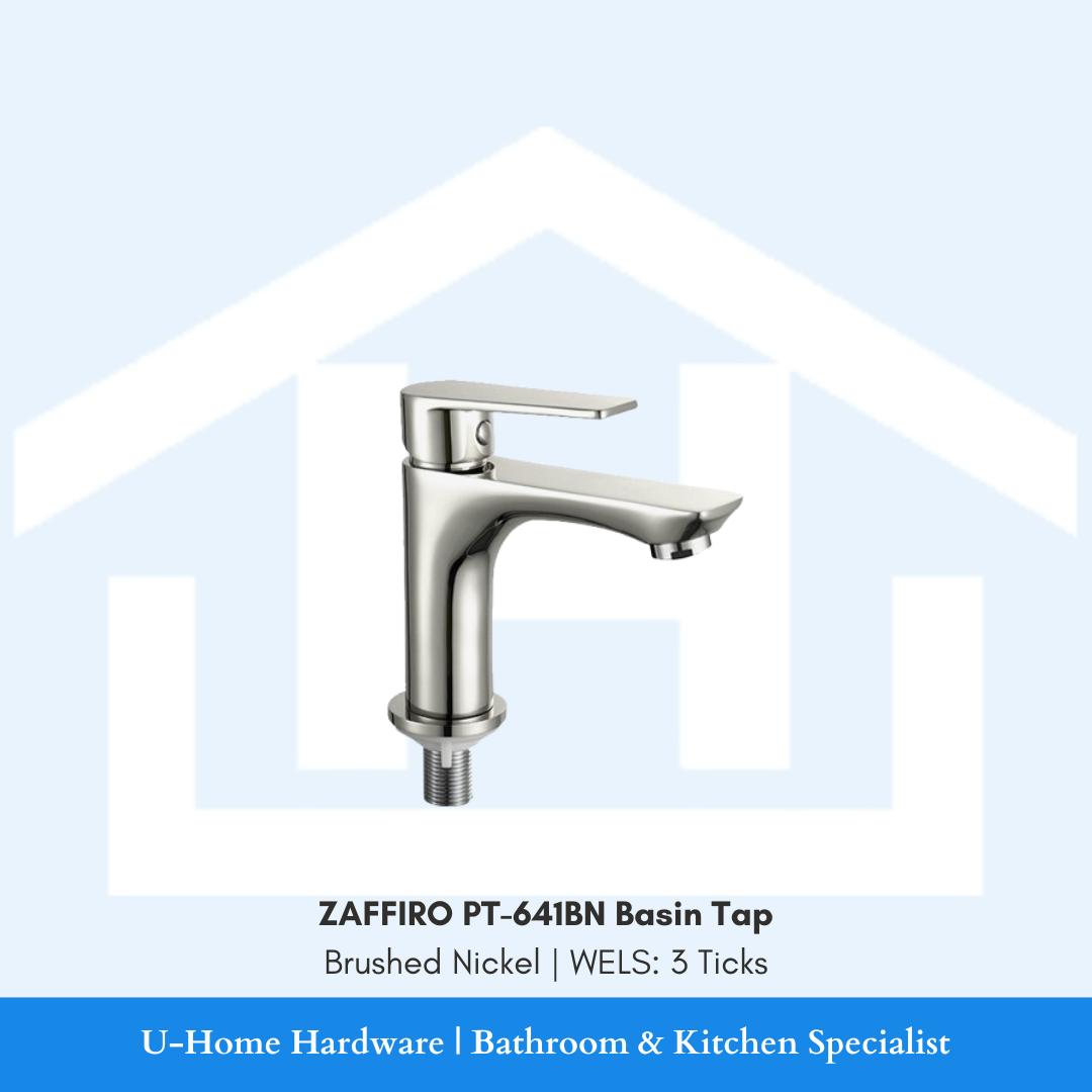 Close-up of the ZAFFIRO PT-641BN tap in Brushed Nickel, highlighting the sophisticated brushed finish and the smooth single-lever handle for easy use.