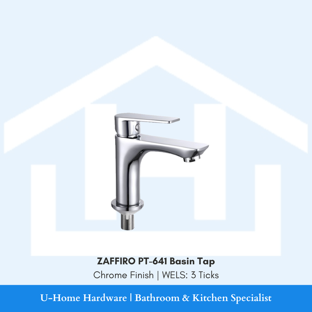 Front profile of the ZAFFIRO PT-641 Basin Tap in a high-shine Chrome finish, featuring a sleek curved spout and ergonomic single-lever control.