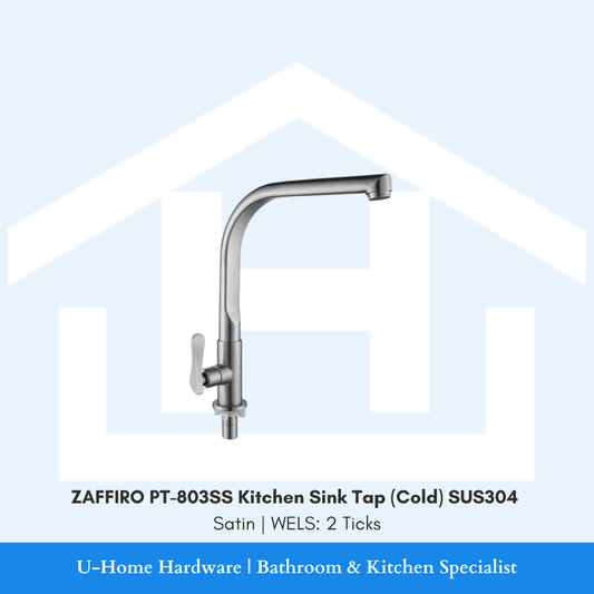 Close-up of the ZAFFIRO PT-803SS Satin tap, highlighting the smooth brushed texture that hides water spots and the easy-to-turn single lever.