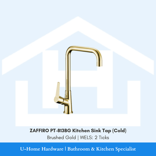 Front profile of the ZAFFIRO PT-813BG Cold Kitchen Sink Tap in Brushed Gold, featuring a high-arc spout and elegant solid brass construction.