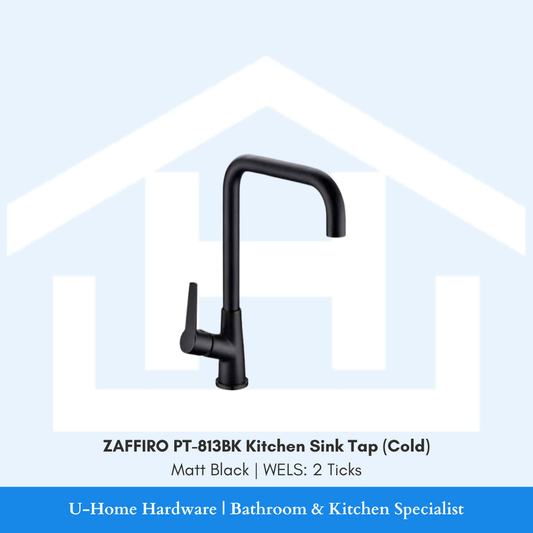 Front profile of the ZAFFIRO PT-813BK Cold Kitchen Sink Tap in Matt Black, featuring a sleek high-arc spout and solid brass body.