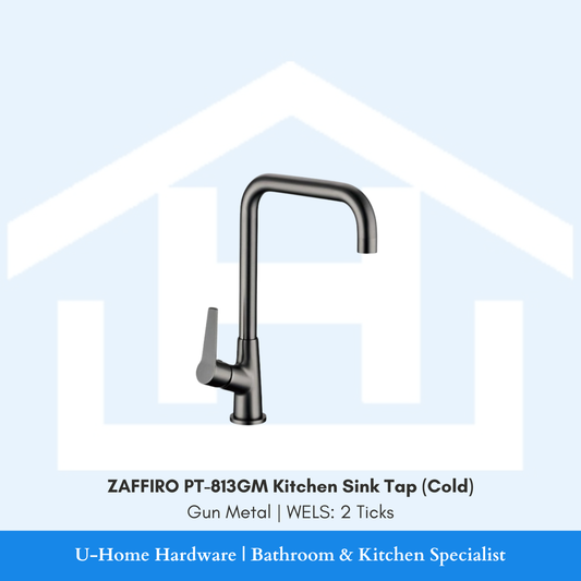 Front profile of the ZAFFIRO PT-813GM Cold Kitchen Sink Tap in Gun Metal, featuring a sleek high-arc spout and professional-grade brass construction