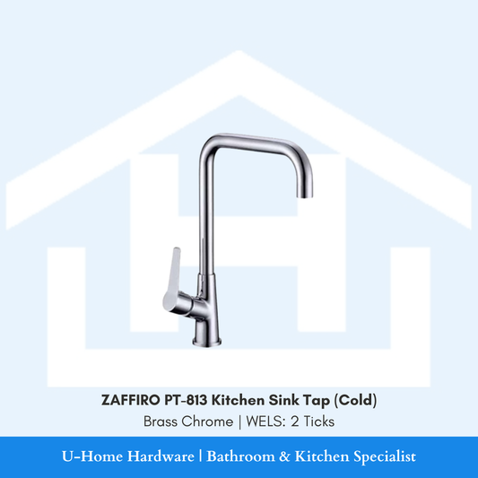 Front view of the ZAFFIRO PT-813 Cold Kitchen Sink Tap in Polished Chrome, showing the bright mirror finish and the curved high-neck spout.