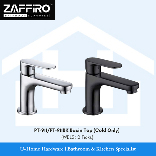 Two ZAFFIRO basin taps, one in Chrome finish and one in Matt Black, designed for cold water only, displayed against a white background.