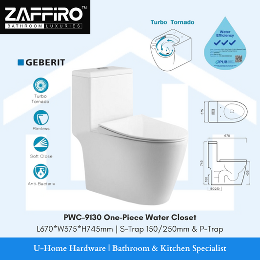 ZAFFIRO PWC-9130 One-Piece Water Closet (Turbo Tornado Flush | Rimless | Anti Bacterial)