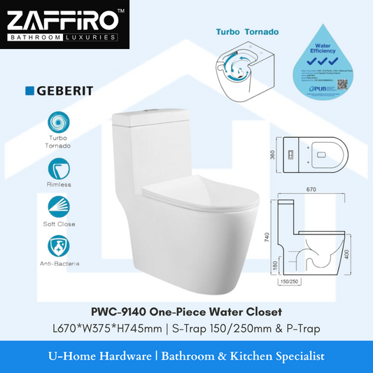 Product image of ZAFFIRO PWC-9140 One-Piece Toilet Bowl including an illustration of the rimless design and the turbo tornado flush system. turbo tornado rimless soft closing soft close anti bacterial 3 ticks 