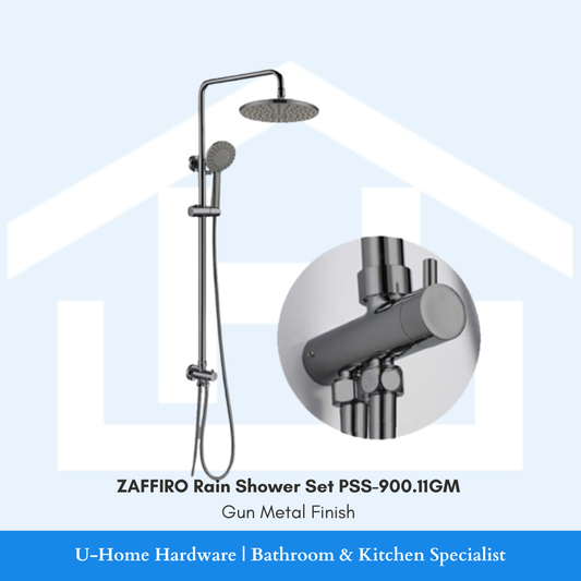 Full ZAFFIRO PSS-900.11GM Rain Shower Column in Gun Metal, featuring a thin rain shower head and matching hand shower.