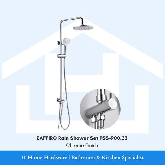 Full view of the ZAFFIRO PSS-900.33 Rain Shower Column in Polished Chrome with overhead and hand shower heads.