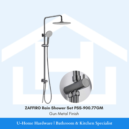 The complete ZAFFIRO PSS-900.77GM Rain Shower Set in a brushed Gunmetal finish with a slimline overhead head and adjustable hand shower.
